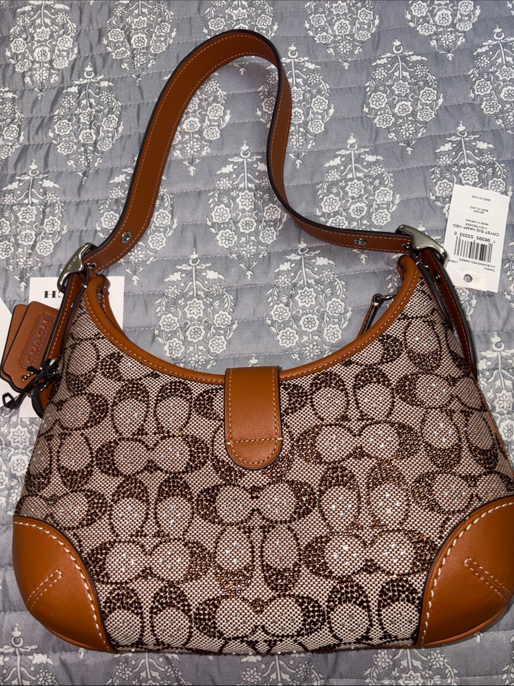 RARE NWT CRYSTAL Coach Brown Signature Canvas Hobo with Tan Leather Trim - Picture 2 of 8